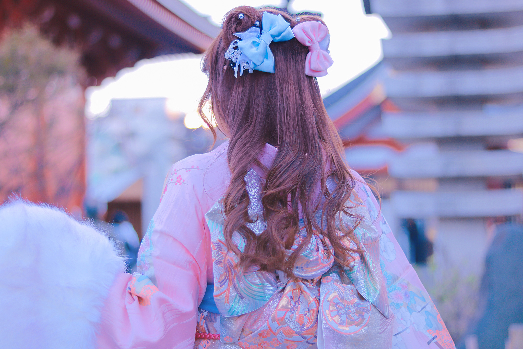髪に青いリボンを結んで着物を着た若い女性の後ろ姿