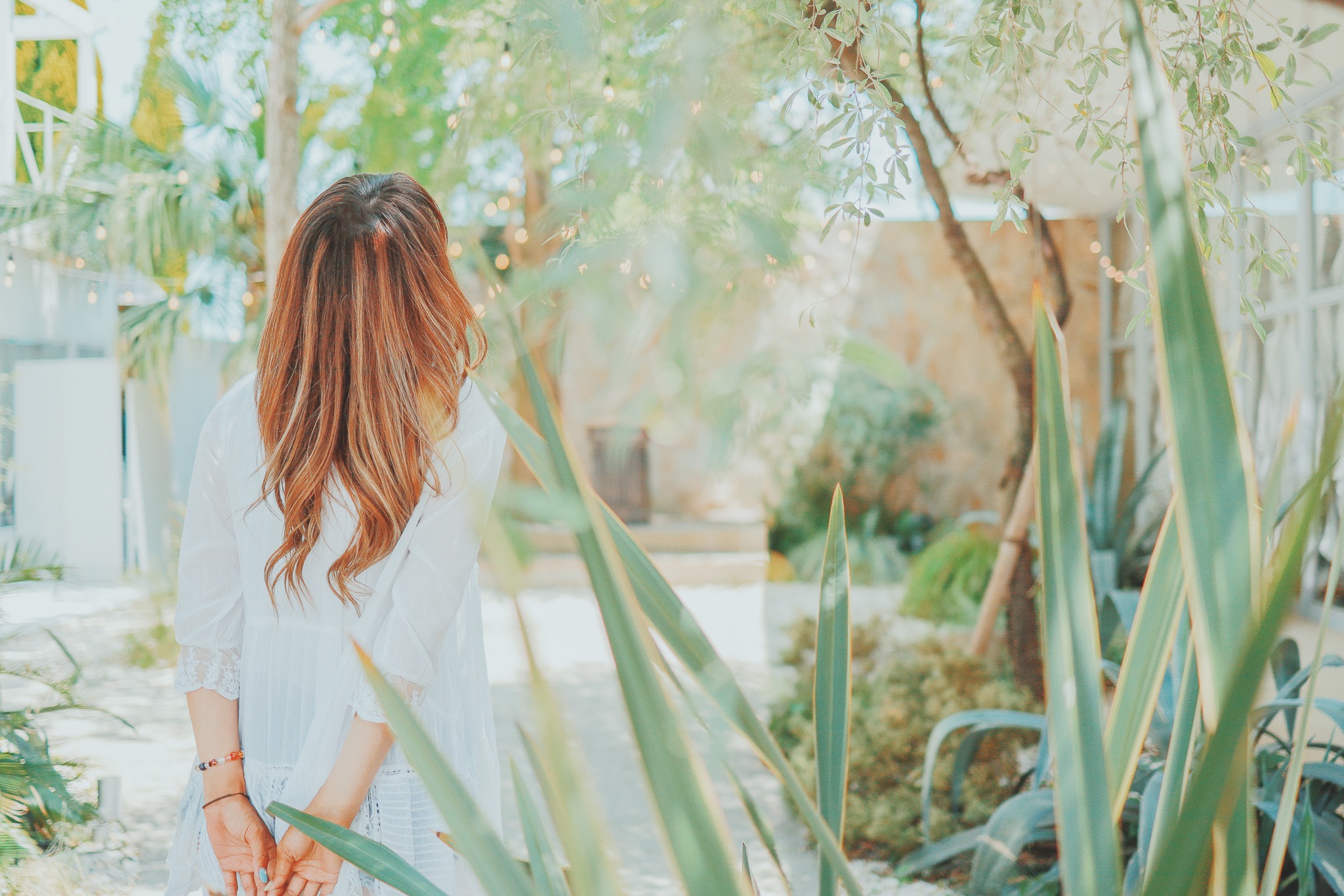 竹笹の庭で佇む婚活女性の後ろ姿