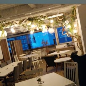 ライティングに照らされた小規模の婚活パーティ会場