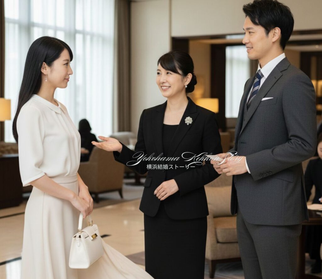 ホテルのラウンジ前で若いお見合いお引き合わせをする仲人