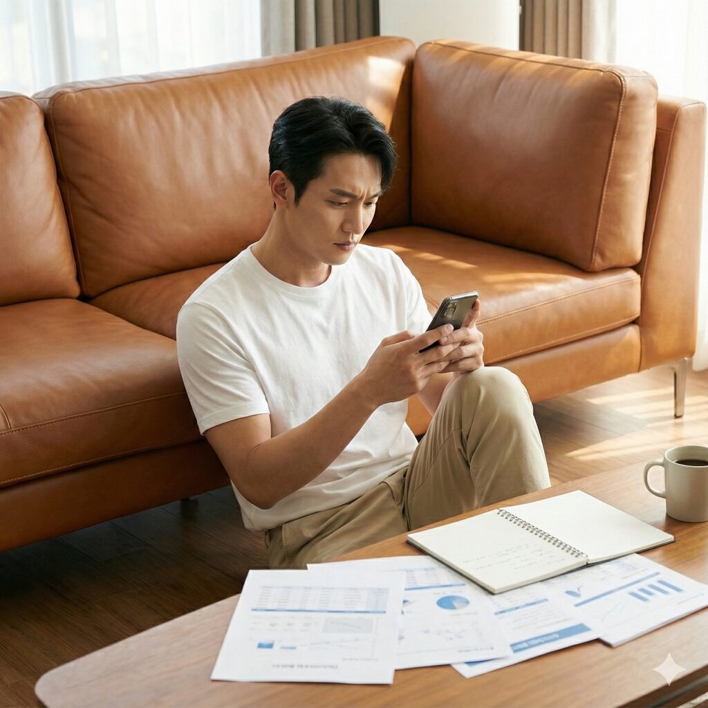 30代シフト制の男性経営者がスマホを使い自宅で婚活をするため結婚相談所を検索している