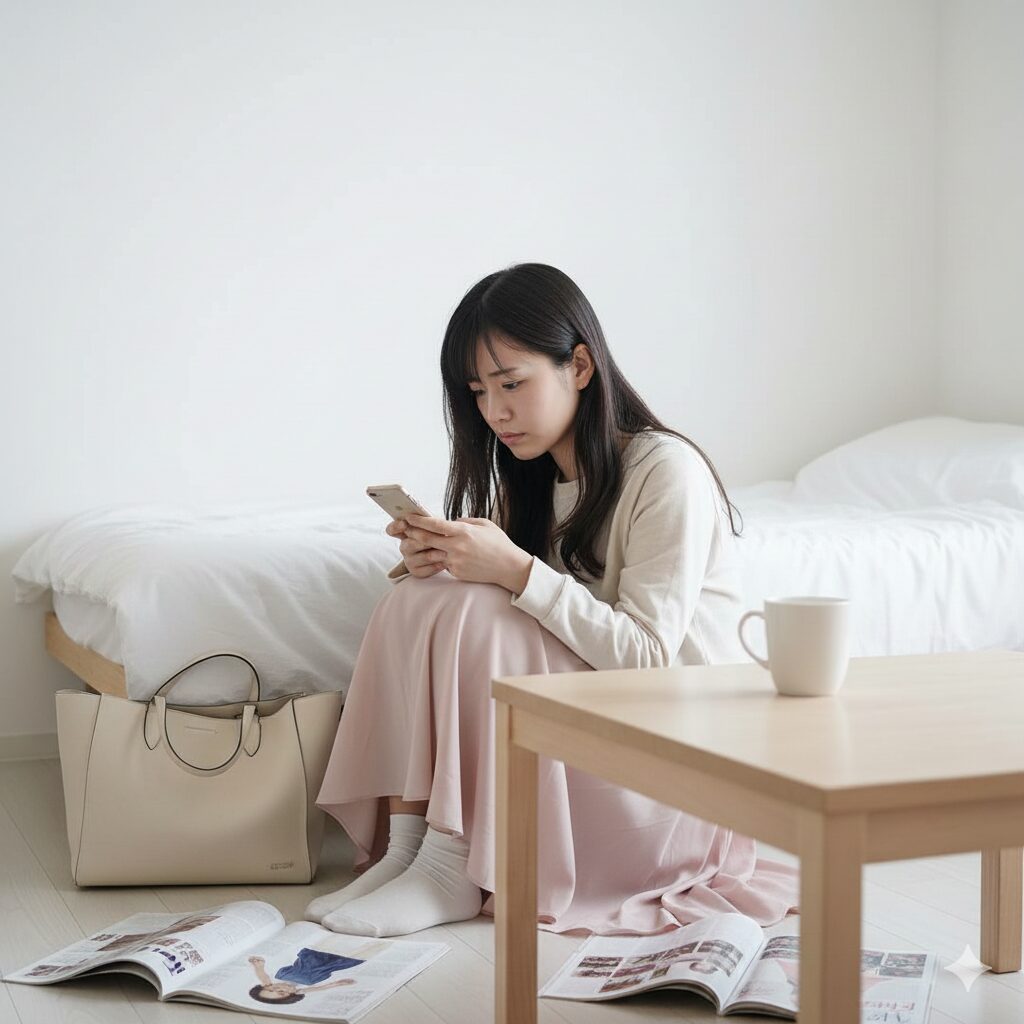 30代でシフト制のため婚活が上手くいかず焦って部屋でスマホを見ながら結婚相談所を探している女性