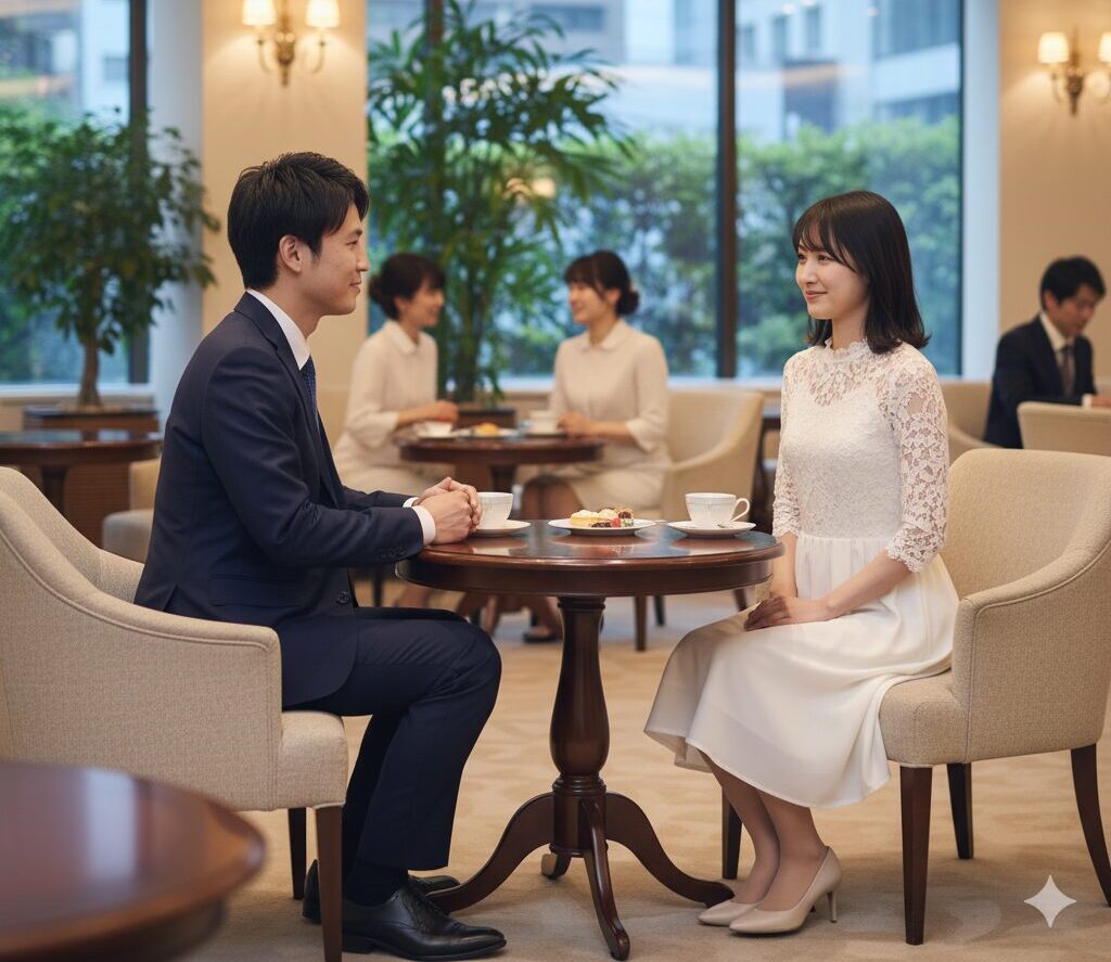 結婚相談所の紹介でお見合いをする男性と女性